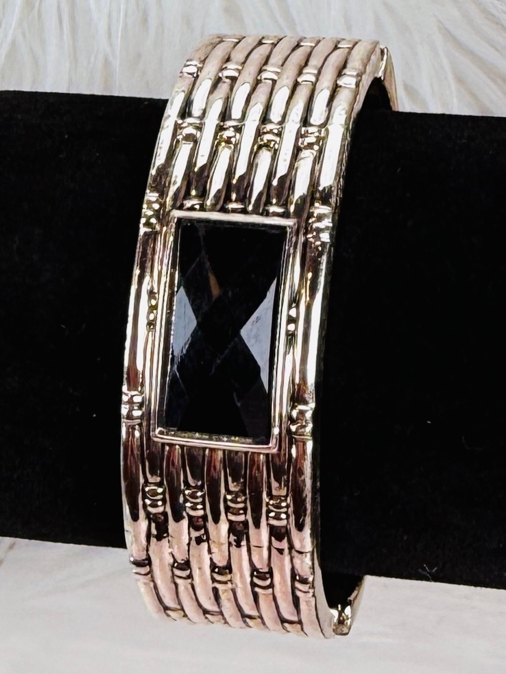Textured Silvertone Bangle Bracelet with Black Accent